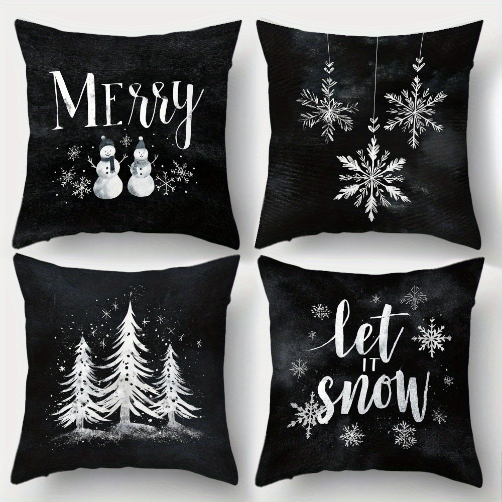 TEMU 4pcs Christmas Pillow Cover Set, Black And White Christmas Theme, Watercolor Style, Snowman, Letters, Snowflakes, Christmas Tree Pillow Covers,