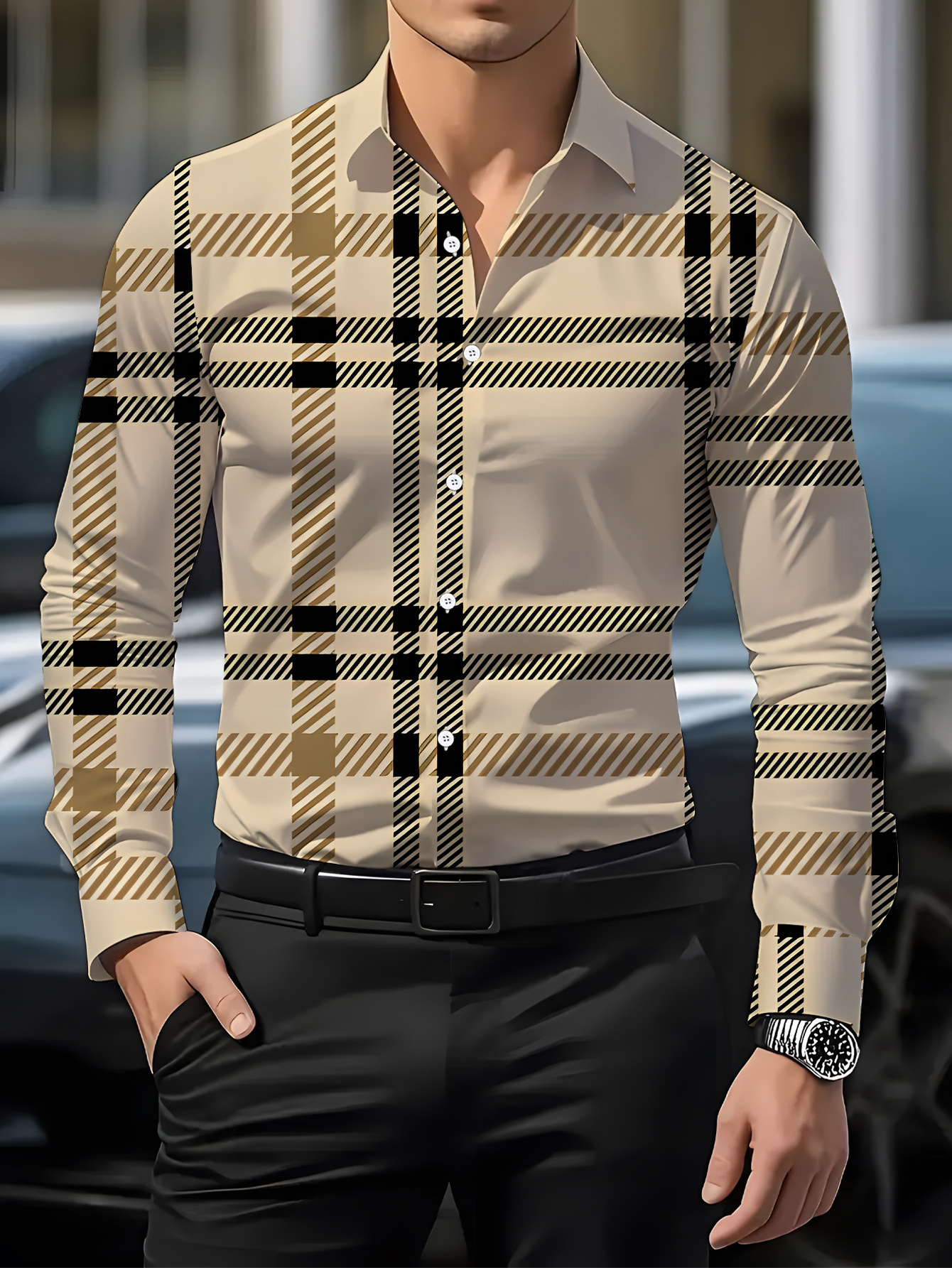 Camisa Masculina de Manga Comprida, Estampa Xadrez Clássica 2