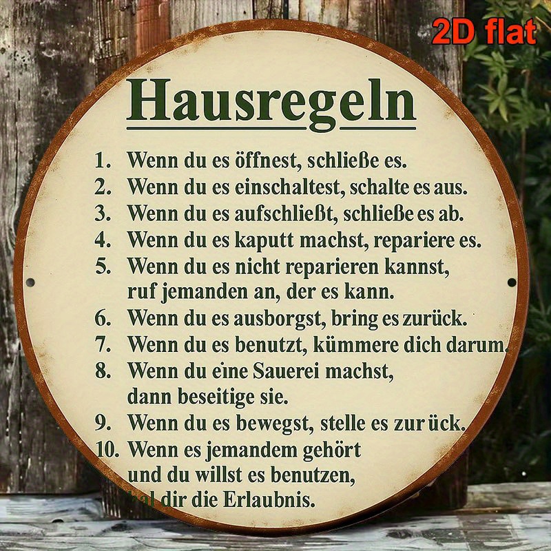 Image of 2d Flat - 20x20 Cm Round Aluminum Sign Featuring Vintage French House Rules, Perfect For Rustic Kitchen, Living Room, Office, Or Bar Decoration. Durable Metal Wall Art For Home And Room Decor