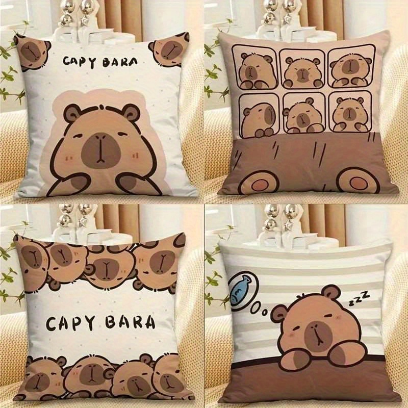 TEMU 4pcs Set, 2d Flat Printing, Cute Cartoon Capybara Pattern Home Cushion Covers, Polyester Material, Modern And Stylish Decorative Pillowcases,