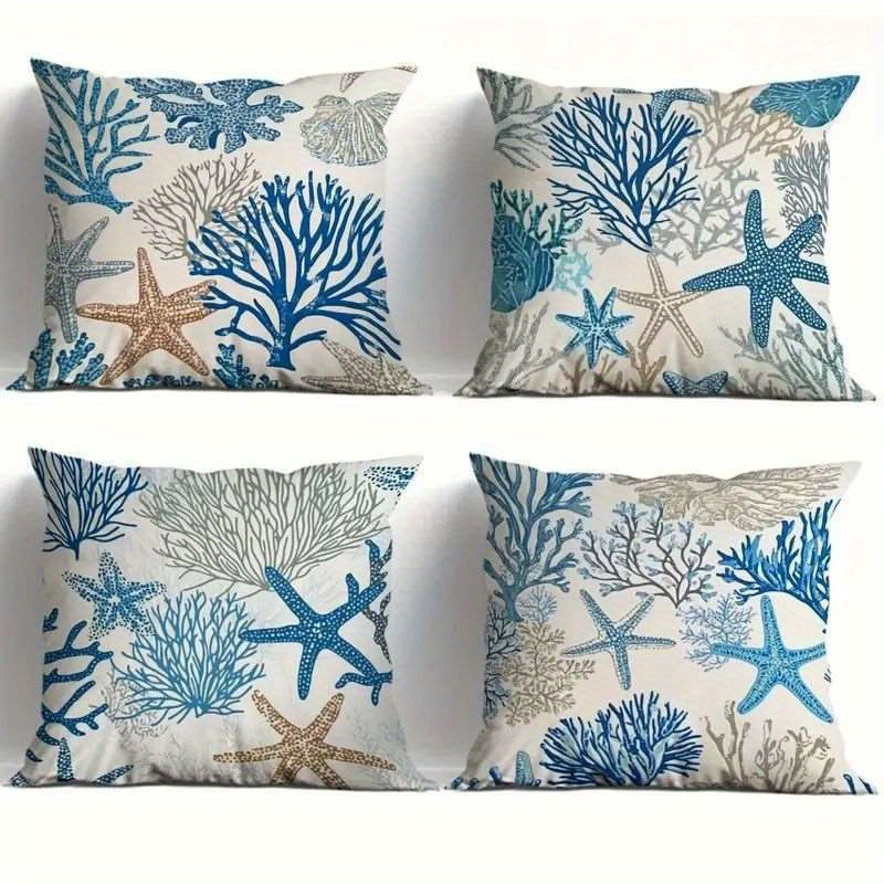 TEMU 4pcs Set, 2d Flat Printing, Ocean-themed Starfish And Coral Pillowcases, Polyester Material, Modern And Stylish Decorative Pillow Covers,