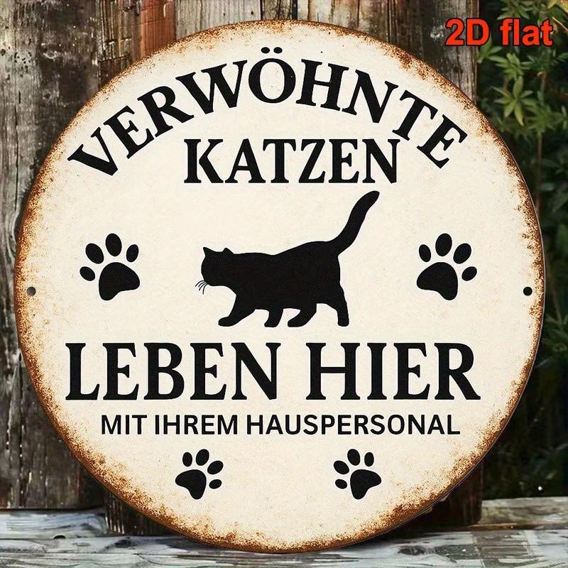 E-shop 2D Flat - Eine flache, runde 8-Zoll-Namensschild für ein deutsches Katzenhaus mit Pfotenabdrücken und dem "Katzennamen". Diese