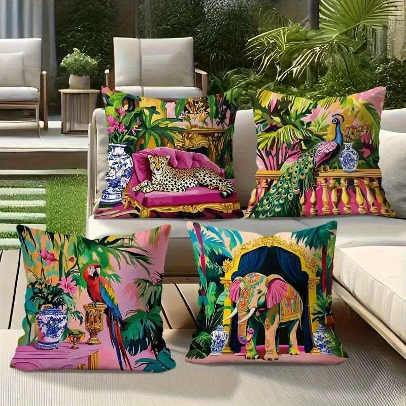 TEMU 4pcs Set, 2d Flat Printing, Animal And Floral Pattern Pillowcases, Polyester Material, Modern And Stylish Decorative Pillow Covers, Suitable For