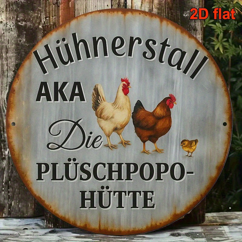 E-shop 2D Flat - Ein dekoratives Vintage-Schild über "Hühnerställe" , eine runde Aluminiumplakette mit den Maßen 20,32 x 20,32 cm, zur Dekoration von