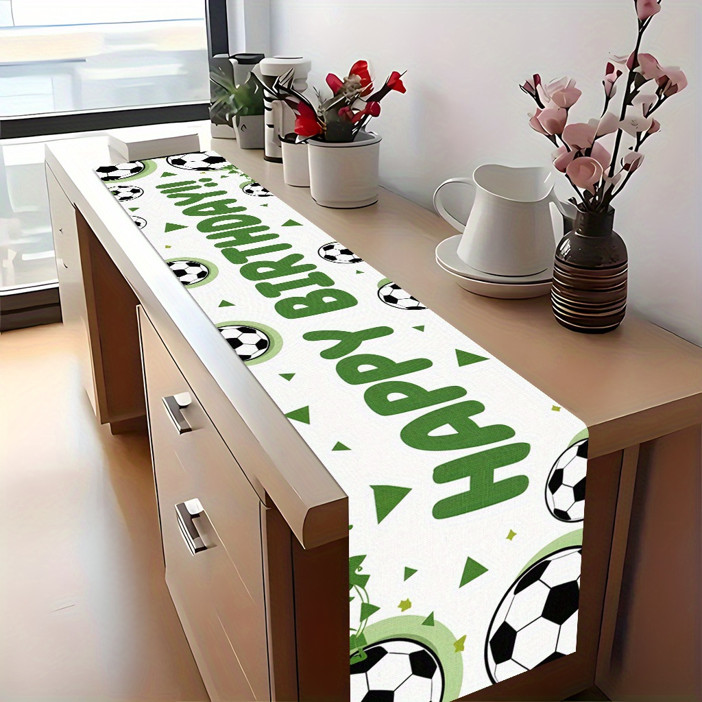 TEMU Tablecover 1pc, A Happy Birthday Banner With Soccer Balls And Confetti1, Holiday Decorative Tablecloth, Polyester Fiber, Rectangular Table