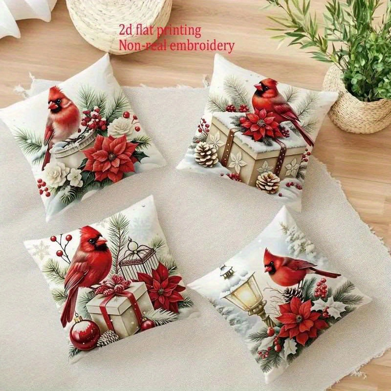 TEMU Lot de 4 taies d'oreiller, impression 2D à plat, motif floral cardinal de Noël, en , taie d'oreiller décorative tendance et moderne, convient