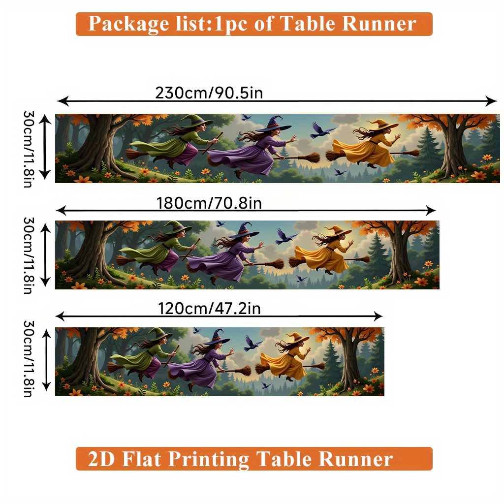 TEMU 2d Flat, 1pc Riding Broomstick Table Runner - Vibrant Polyester Rectangular Table Decor For Dining, Coffee Tables, Kitchen & Party Decor - Ideal