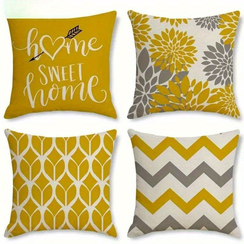 TEMU Ensemble de 4 housses de coussin plates 2D - Impression plate 2D, housses de coussin à motif géométrique jaune et , un indispensable pour une