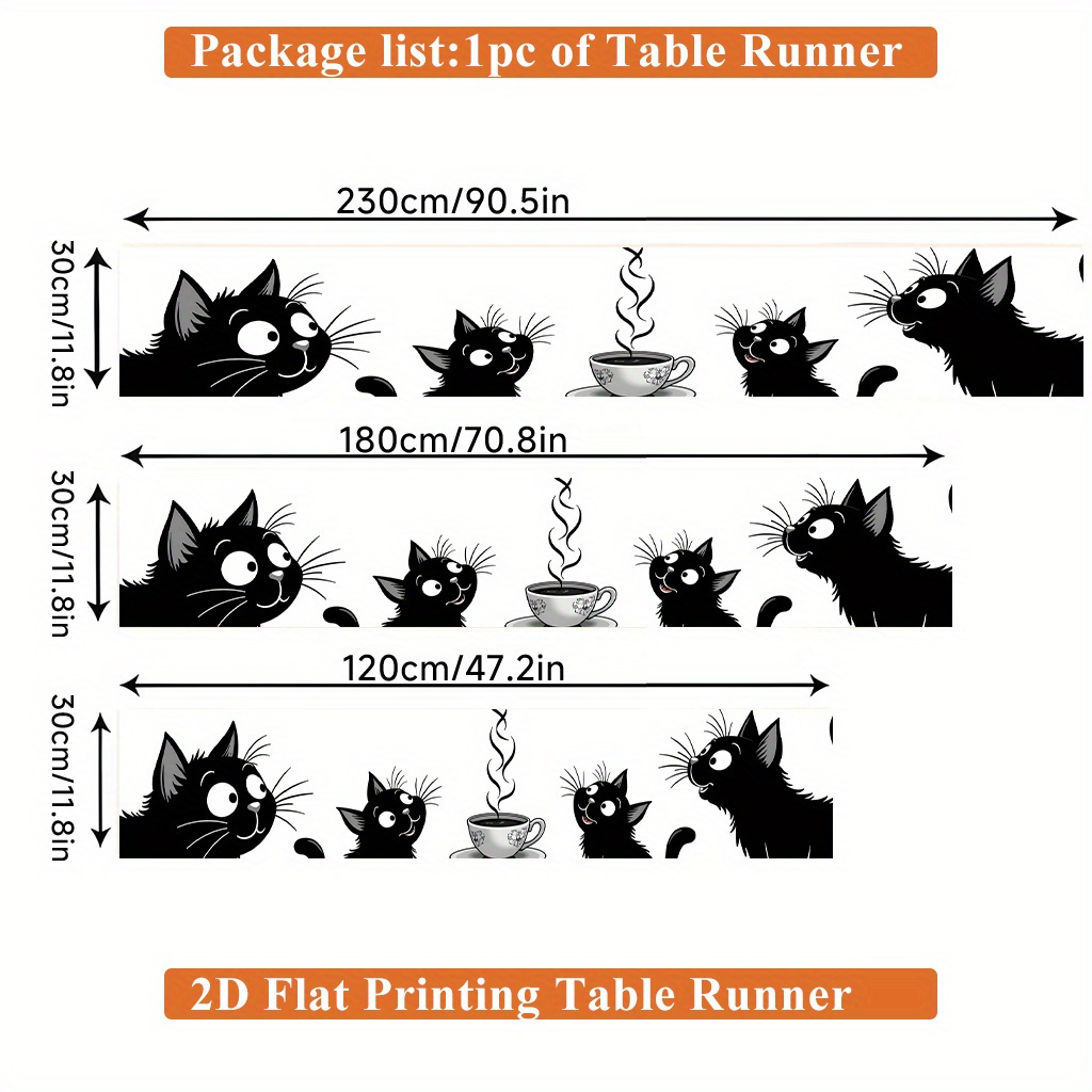 Image of 2d Flat Printing Table Runner 1pc, 4 Black Cats Tail A Cup Rectangular Polyester Table Runner, For Dining Table, Coffee Table, Home Decor, Vibrant Cultural Decor For Kitchen, Party, Festival