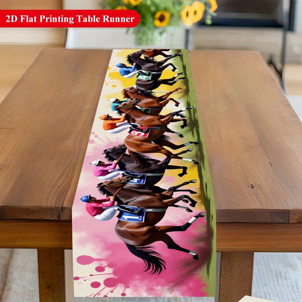 TEMU 1pc Horse Racing Table Runner - Vibrant & Racehorses, Rectangular Polyester Suitable For Dining Tables, Coffee Tables, Easter Party Decor, &