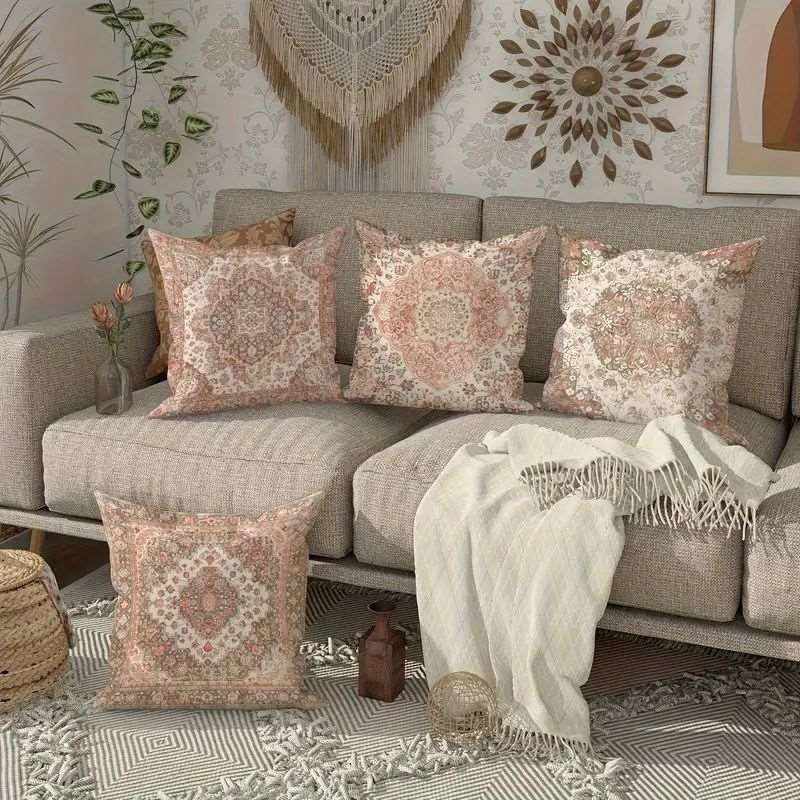 TEMU 4pcs Set, 2d Flat Printing, Ethnic Style Printed Pillowcases, Vintage Essential, Polyester Material, Modern Fashion Decorative Pillowcases,