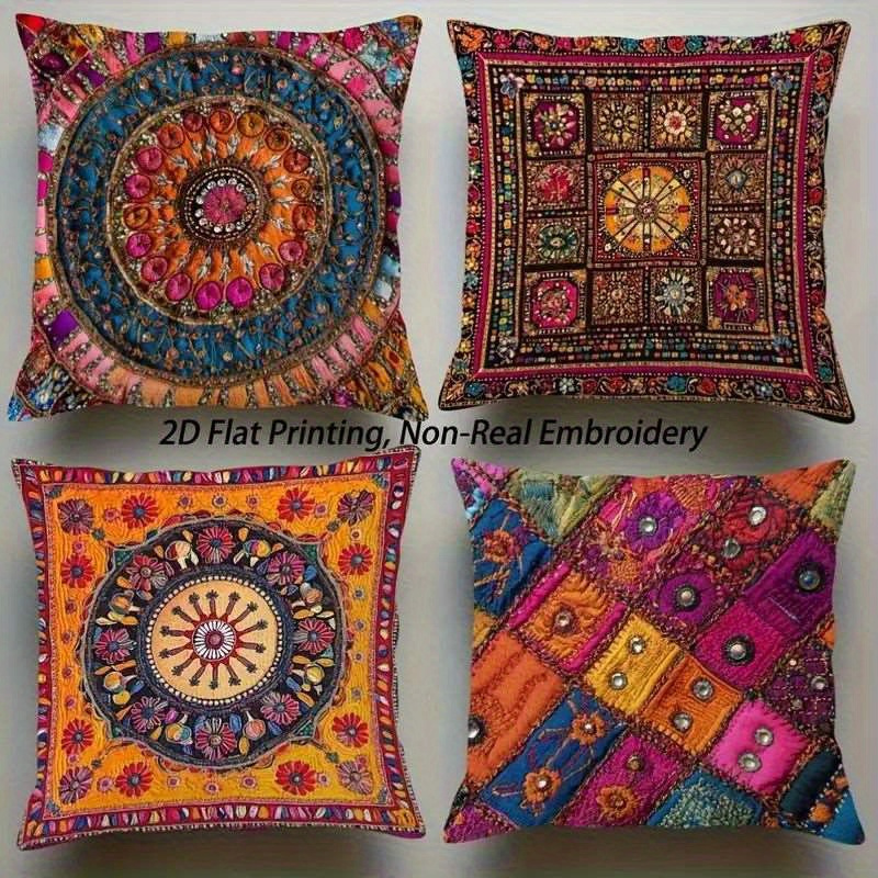 TEMU 4pcs Set, 2d Flat Printing, Ethnic Style Printed Pillowcases, Colorful Patterns, Non-embroidered, Polyester Material, Modern Fashion Decorative