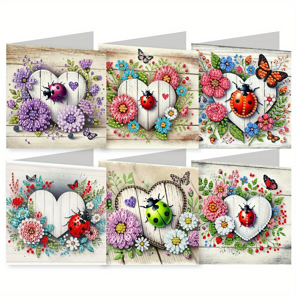TEMU 6 Unique And Creative Heart-shaped Glitter Birthday Cards Featuring Fun And Adorable Painted Designs. This Diy Round Rhinestone Painting Card