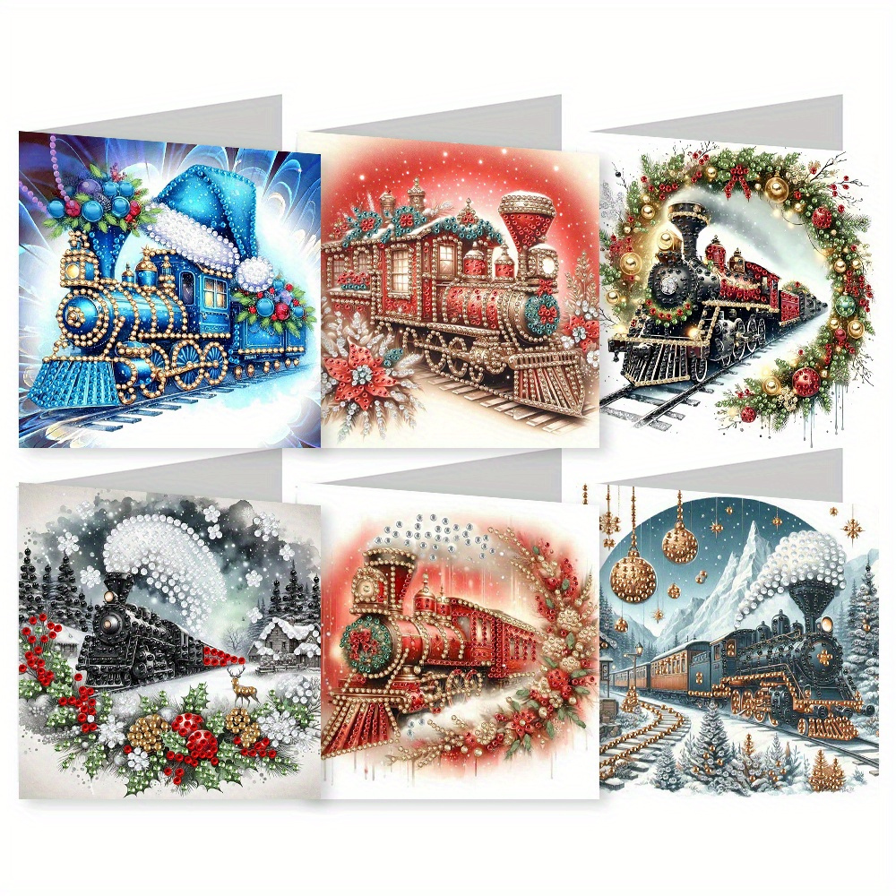 TEMU 6 stuks Unieke en Creatieve Kersttrein Thema Verjaardagskaarten met Leuke en Schattige Geverfde Diamant Kunst Design. Ronde Strass Schilderkunst