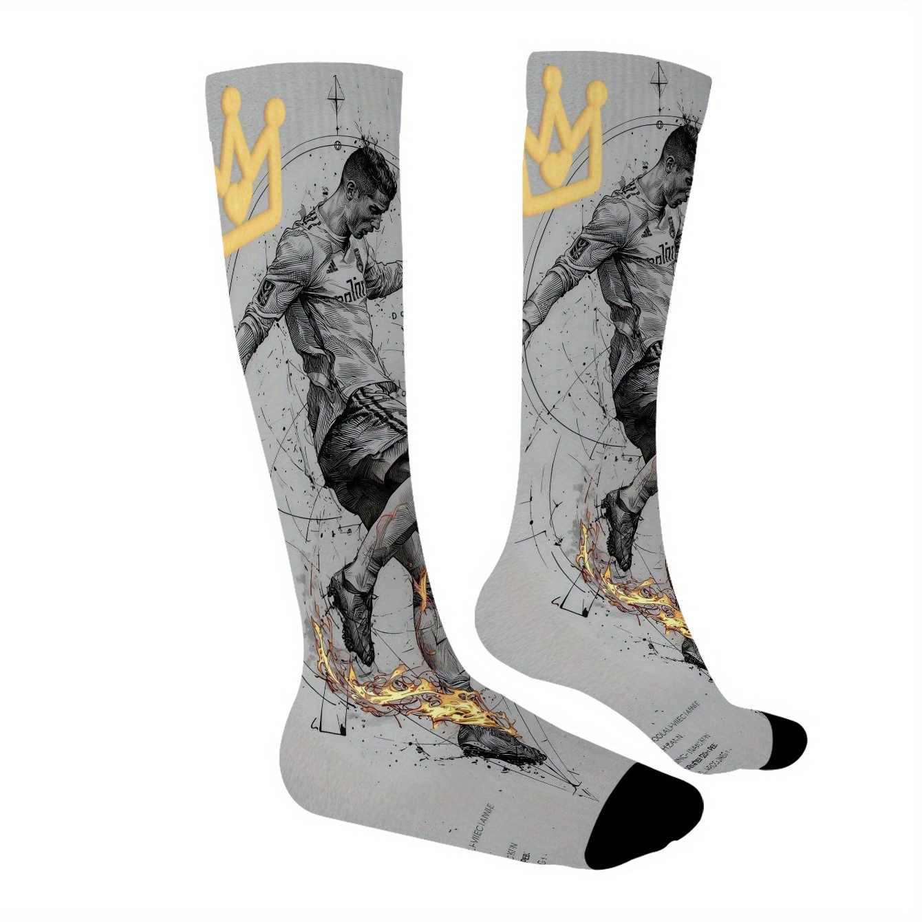 TEMU 1 Pair Of Football-themed Thigh-high Socks With A Soccer Player Kicking A Flaming Ball Print, Designed For Football Fans. Unisex, High-quality,