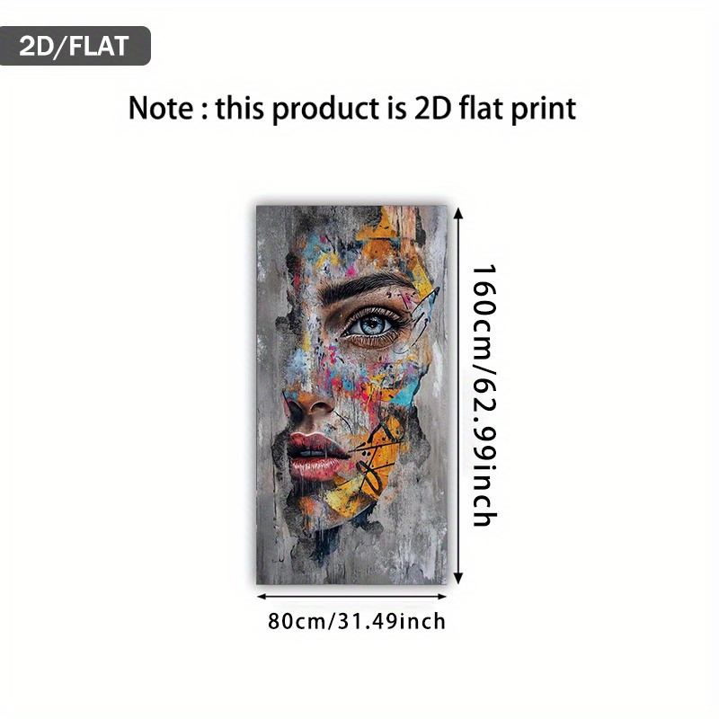 TEMU d'art 2D plat, cadre, style graffiti coloré représentant un visage féminin, mesurant 31,49 pouces par 62,99 pouces (80 cm par 160 cm), parfait