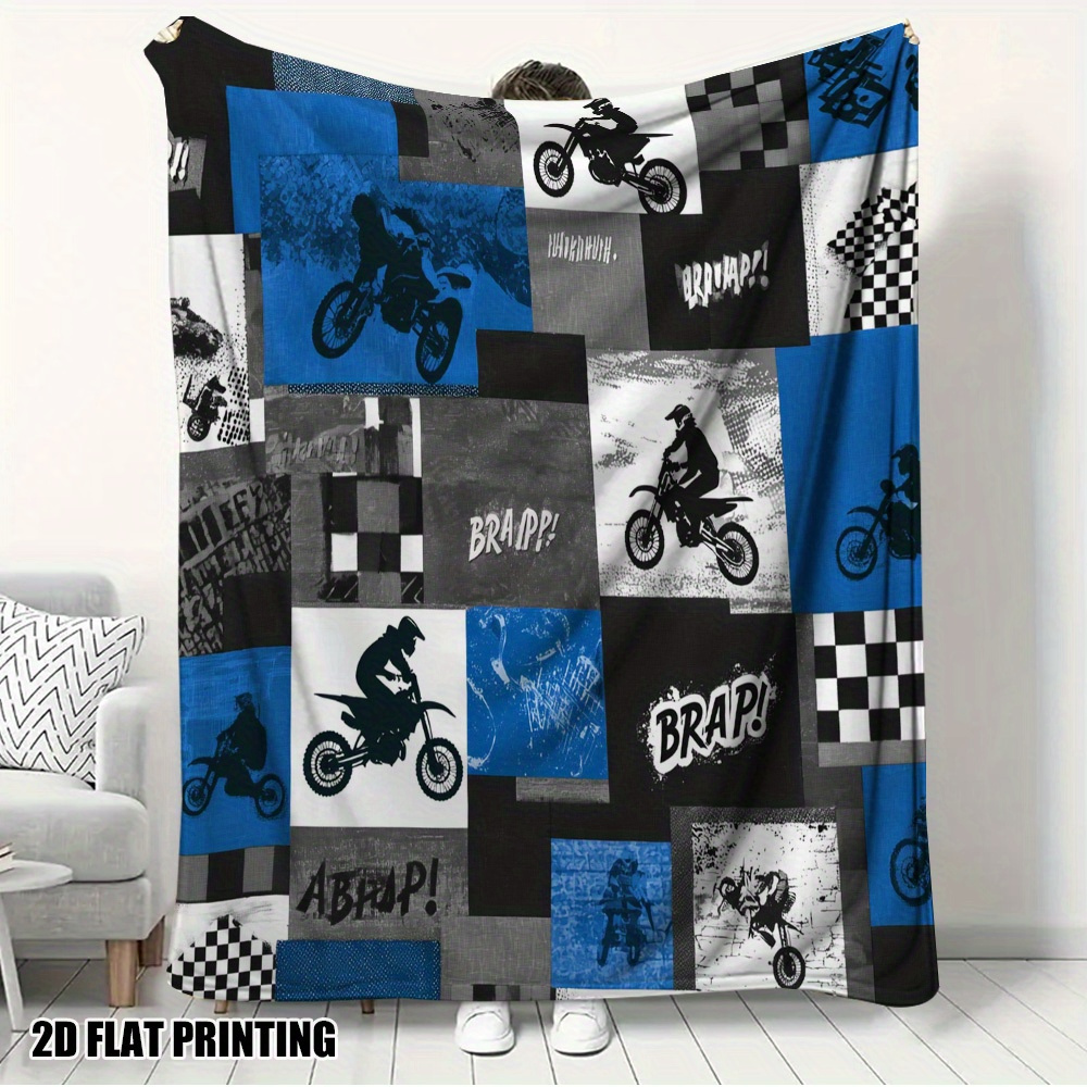 TEMU 1pc Off-road Motorcycle Theme Comfortable Fleece Blanket, Suitable For Napping, Car Use, And Motorcycle Decoration - Off-road Pattern, Warm, 2d