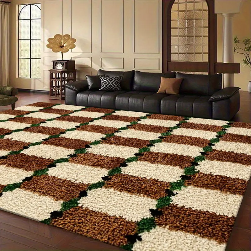 1 Stück luxuriöser, weicher, großer Teppich für Wohnzimmer und Schlafzimmer mit gestreiften und grünen Pflanzenmustern sowie einem karierten Design. Dieser weiche Teppich ist maschinenwaschbar,