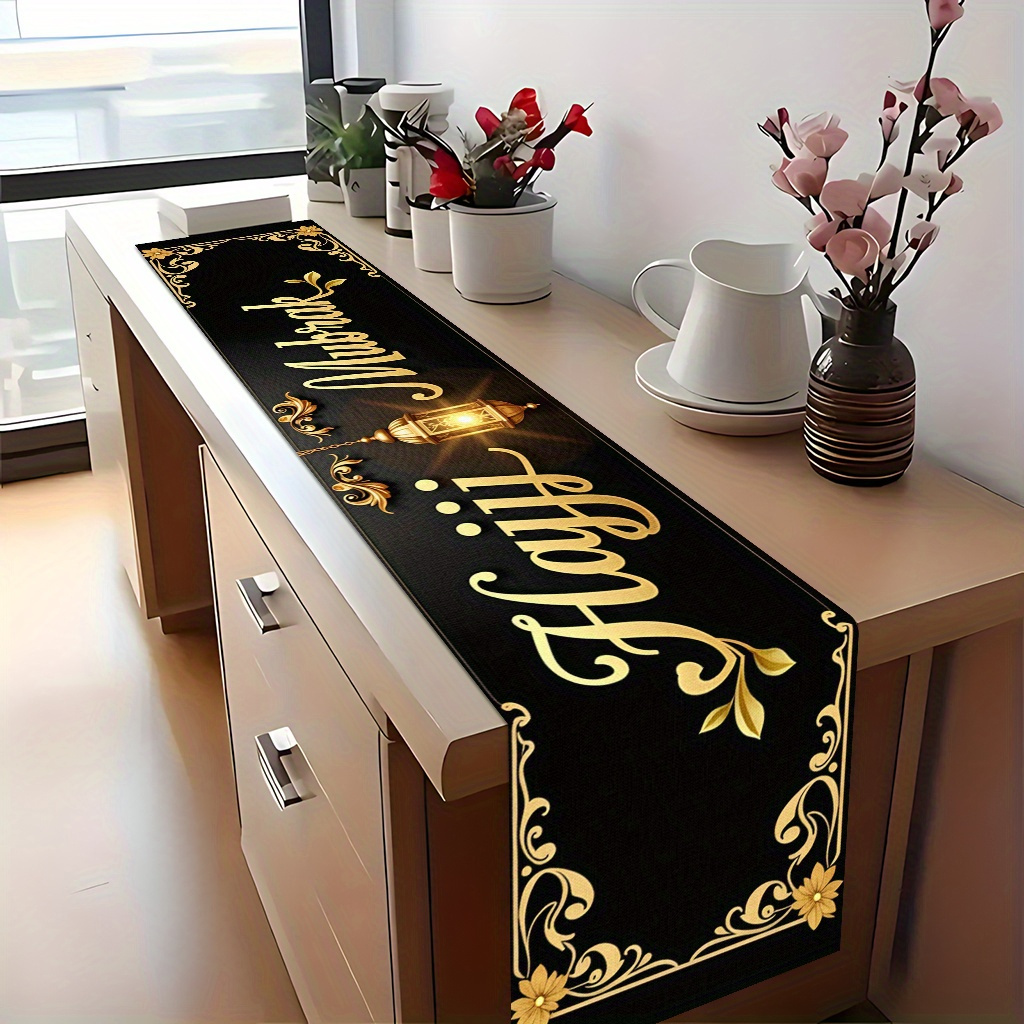 TEMU 2d Flat Printed Table Runner 1pc, Hajj Mubarak, Bright Polyester Fabric, Holiday Tablecloth, Suitable For Kitchen And Restaurant, Holiday Party