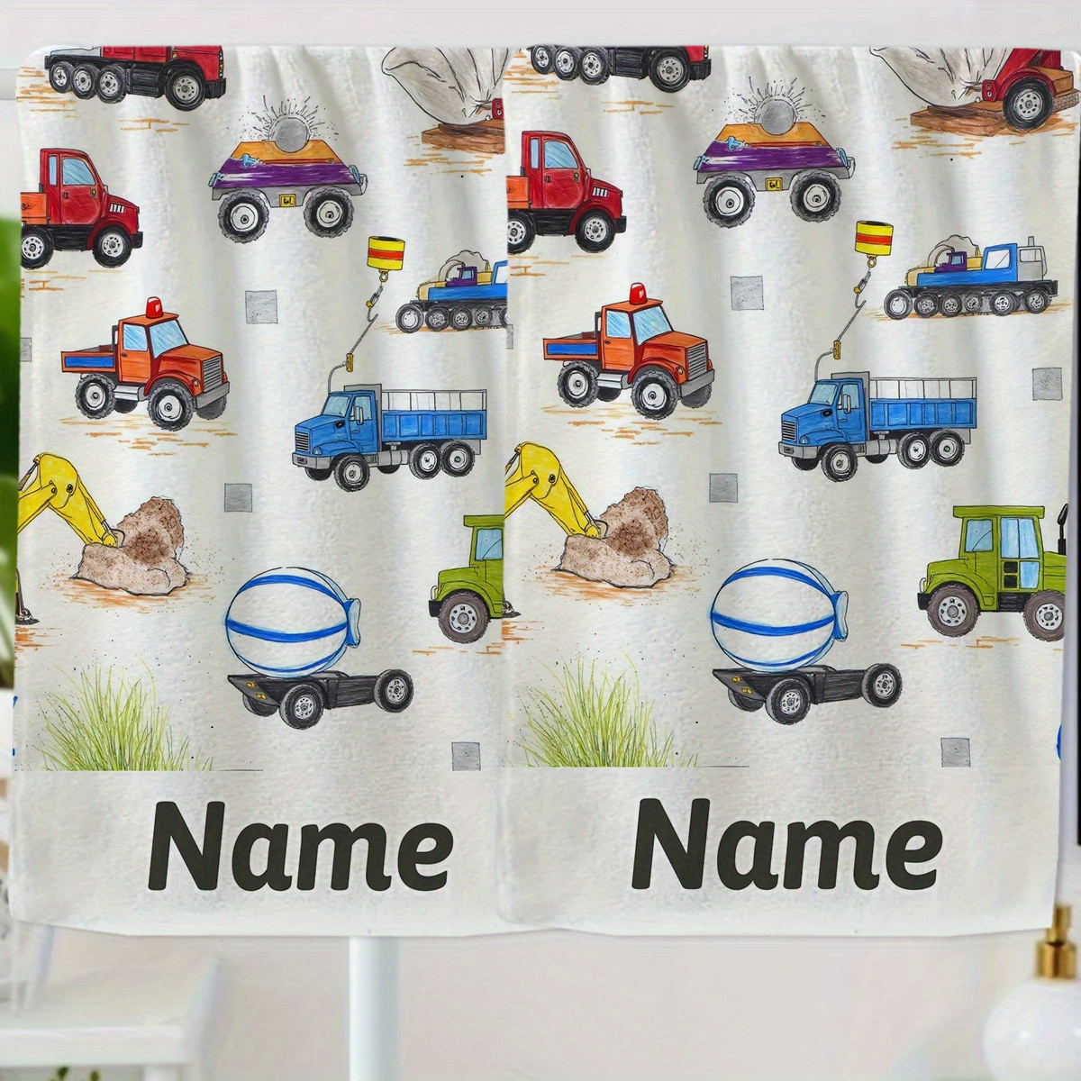 TEMU 1pc, Personalized Name Towel, Construction Vehicle Pattern Cartoon Anime Fingertip Towel, Striped Design, Bathroom Towel, Absorbent Quick-drying