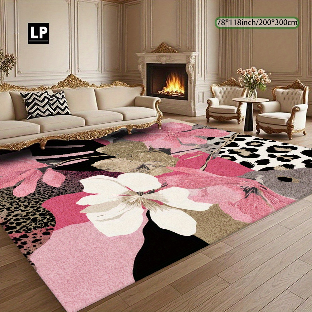 TEMU 850g/ã¡ Velvet Carpet With An Instagram-style Floral Leopard Print, Machine Washable And Non-slip, Thick And Durable, , Suitable For Living Room