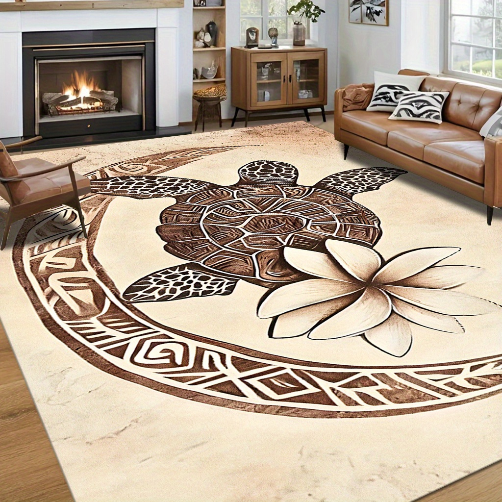 TEMU 1pc Polynesian Style Sea Turtle And Floral Mat, Machine Washable Non-slip, Thickened Lightweight , Living Room/bedroom/entryway/entrance, Front