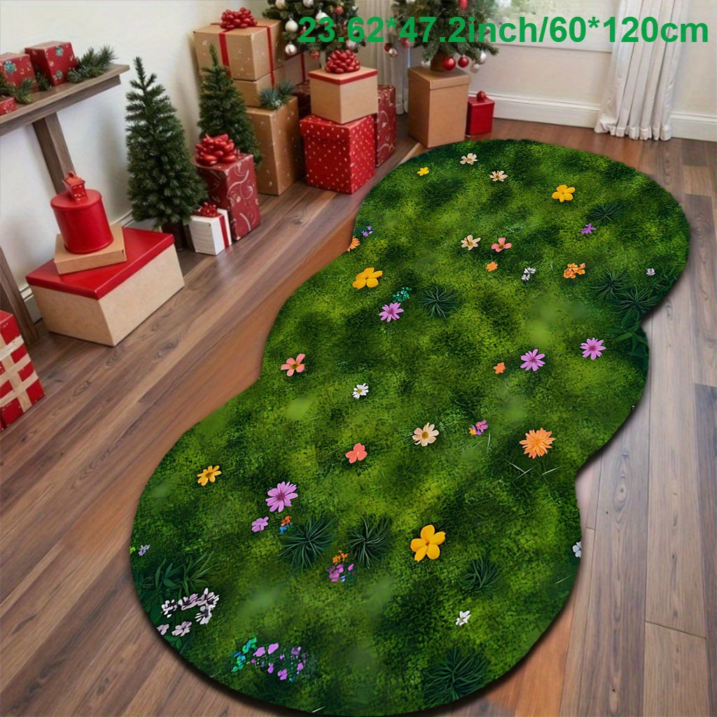 TEMU 1pc Velvet Irregularly Shaped Rug, Green With Colorful Small Flowers, Durable And Comfortable Carpet, Machine Washable, Suitable For