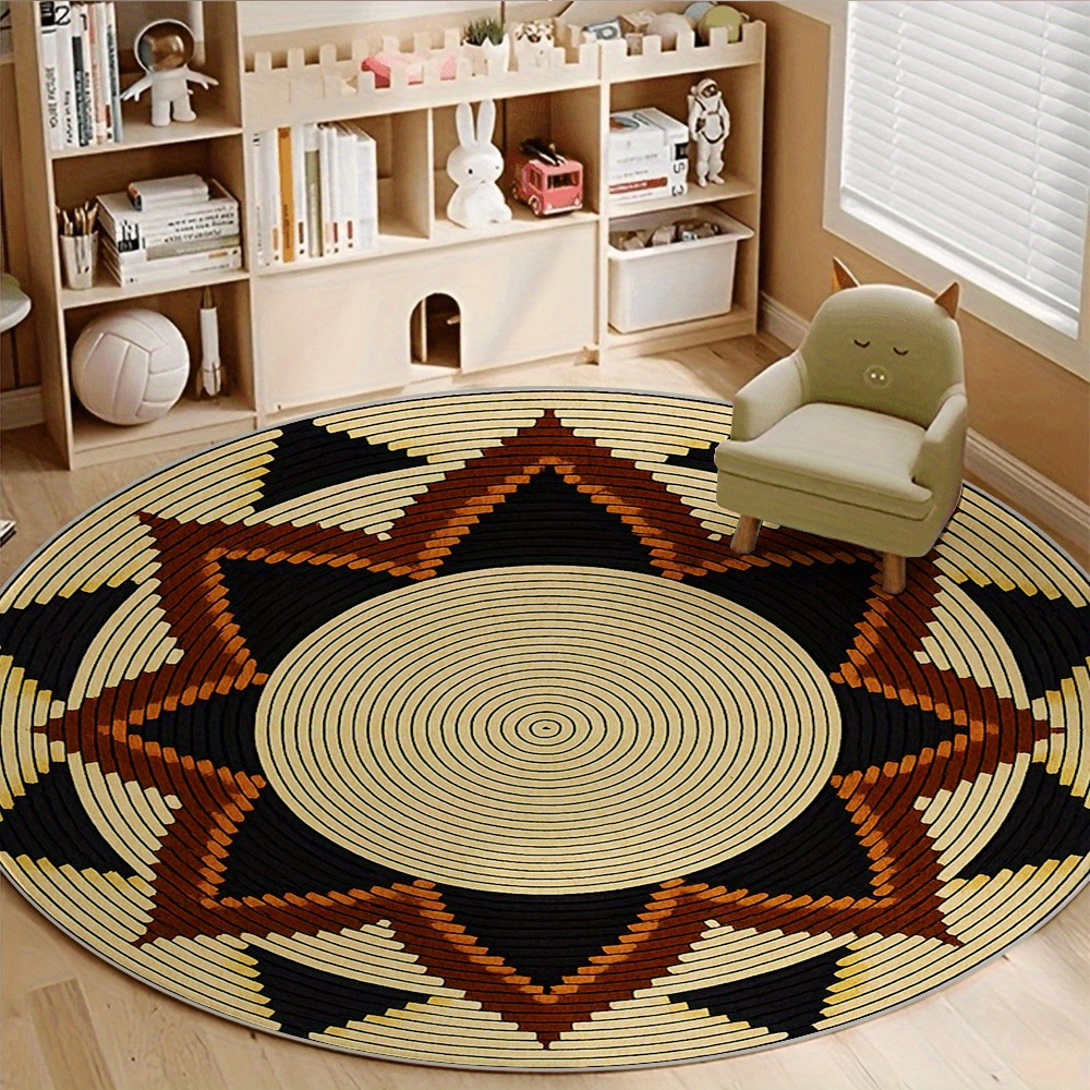 TEMU 1pc Anti-slip Plastic Backing Soft Comfortable Door Mat, Round Ethnic Style Door Mat, Geometric Star Pattern Door Mat, Beige Series Suitable For