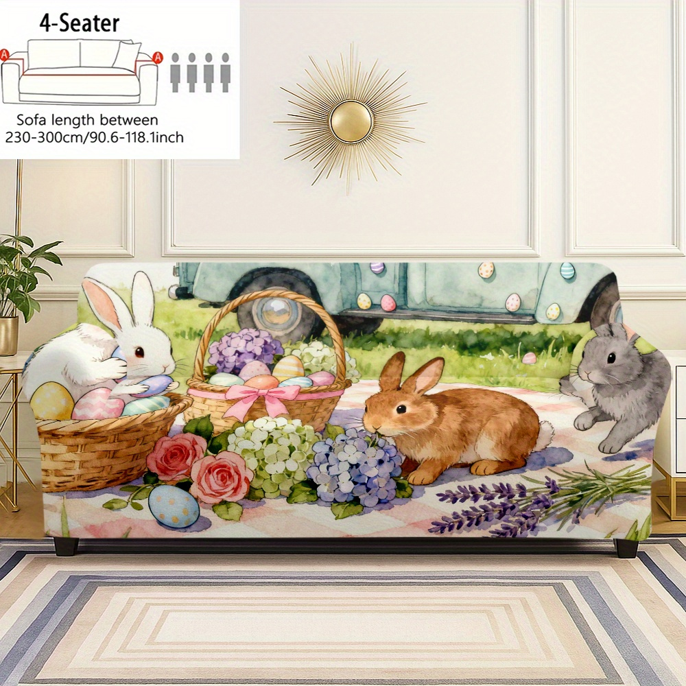 TEMU Rabbit Floral Patterned Elastic Sofa Cover, Machine Washable Full Coverage Sofa Protector, Watercolor Style Home Decor Sofa Cover, Suitable For