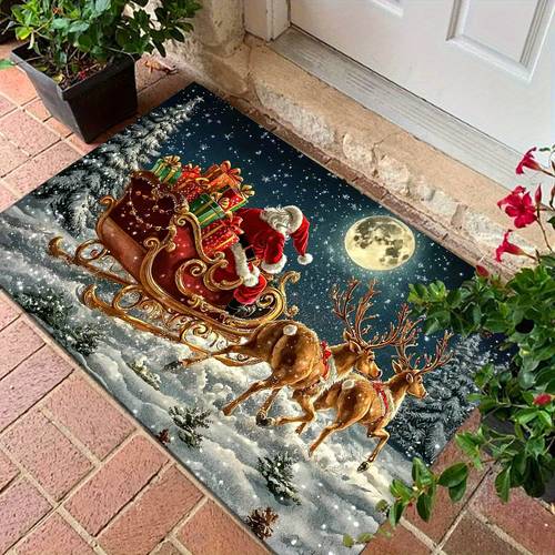 a modern minimalist doormat featuring santa claus riding a reindeer sleigh designed with a non slip backing over 800 grams per machine washable for soft durable lightweight