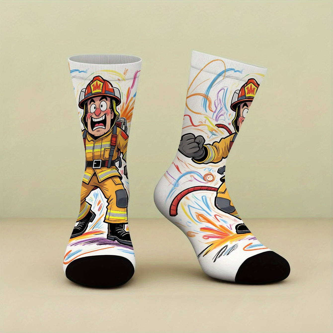 TEMU 1 Pair Printed Socks Featuring Firefighter's Gear Pattern. High-quality Men's Mid-calf Socks, Comfortable Women's Long Socks For Spring/summer,