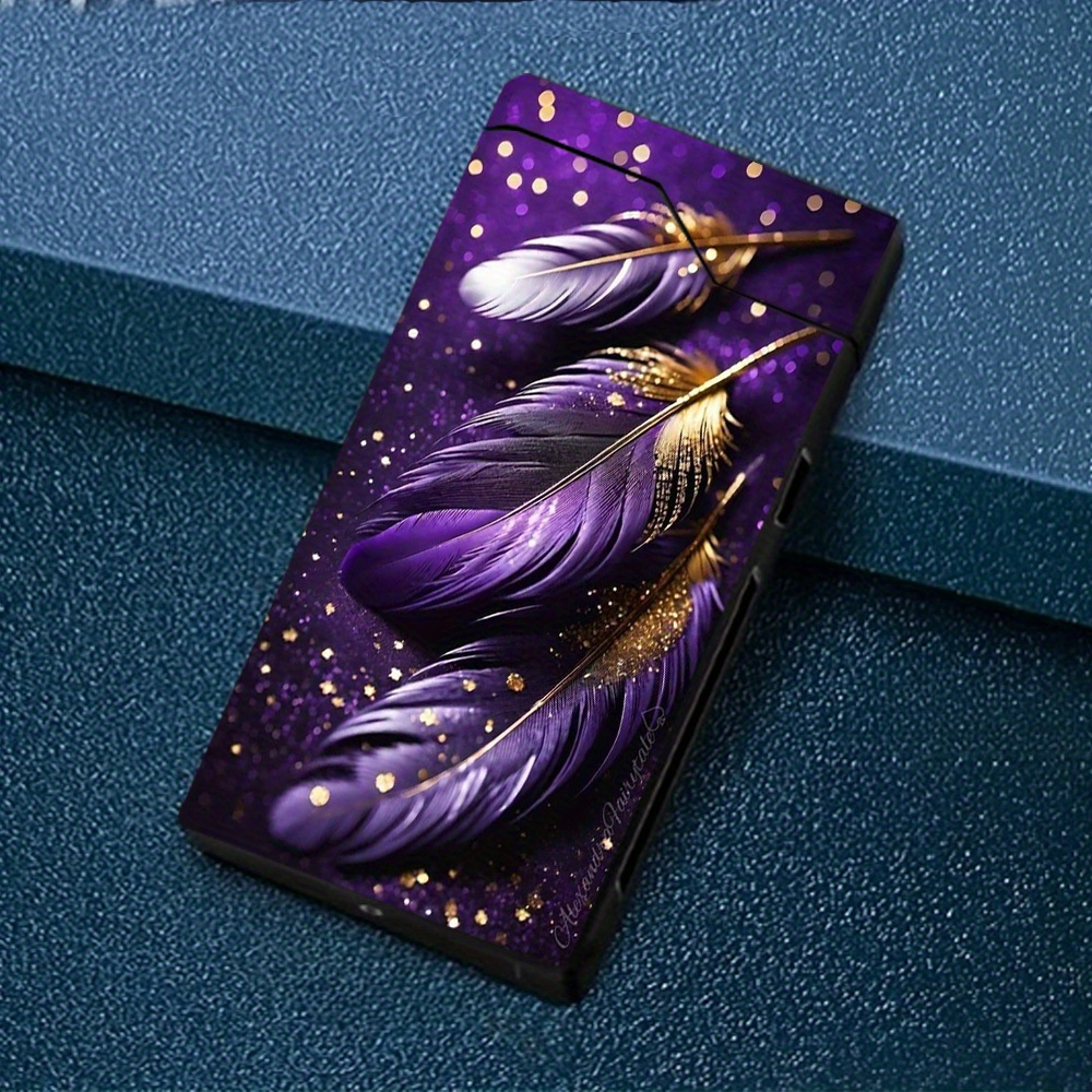 TEMU 1pc Briquet Arc -Vent avec Motif Plume en Feuille Violette, Briquet Électronique, Briquet -Vent, Boîtier Métallique, Indicateur de Batterie,
