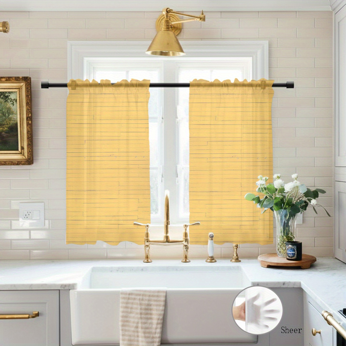 TEMU 2pcs Semi-sheer Tulle Small Curtains, Yellow Vertical Stripe Curtains   "sheer" Slogan Short Rod Pocket Sheer Curtains, Suitable For