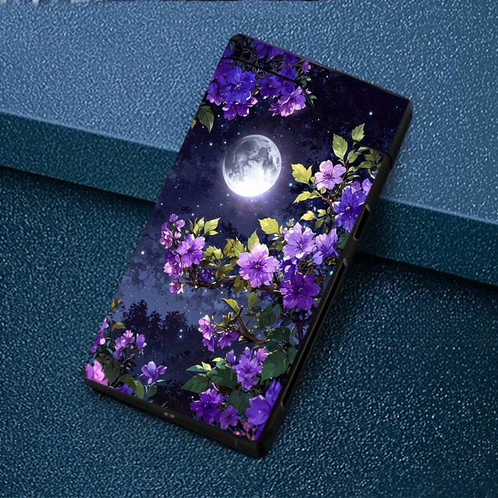 TEMU 1pc Windproof With Purple Floral Pattern On Night, Electronic Lighter, Windproof Electronic Lighter, Metal Shell, Power Indicator, Type-c