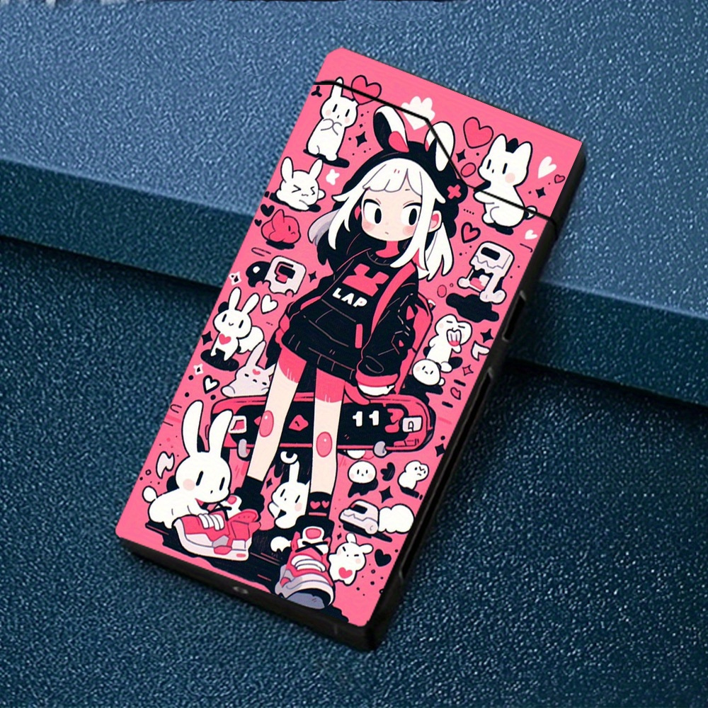 TEMU 1pc Briquet Arc -Vent avec Motif de Fille Anime et Lapin, Briquet -Vent, Briquet Arc, Briquet Rechargeable Type-C, Coque Métallique, Indicateur