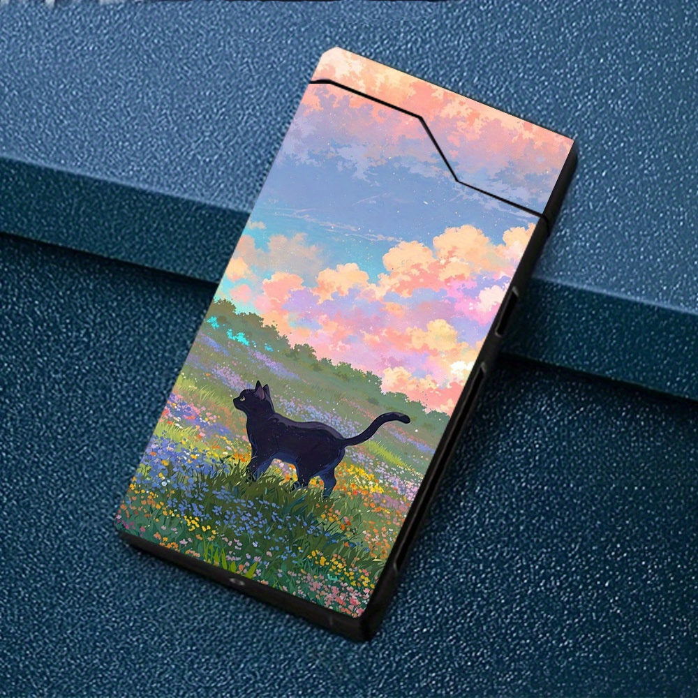 TEMU 1pc Windproof Electric With Black Cat Walking In Background And Scene, Windproof Lighter, Metal Shell, Power Display, Type-c Charging Lighter,