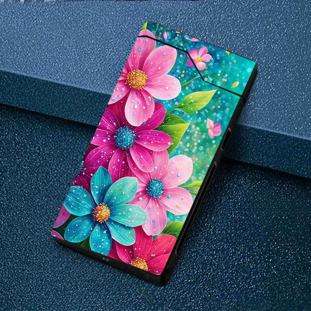 TEMU 1pc Windproof With Vibrant Multicolor Floral Pattern, Windproof Lighter, Windproof , Type-c Rechargeable Lighter, Metal Shell, Power Indicator,
