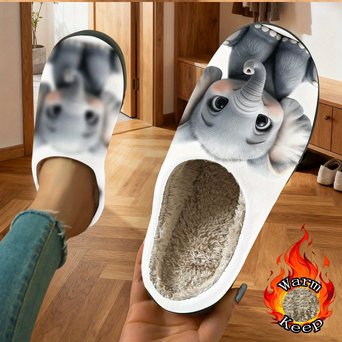 TEMU Cute Fluffy Elephant Print Women's House Slippers, Slippers, Adorable 2d Cartoon Print Design, Essential For Halloween And Christmas, Indoor
