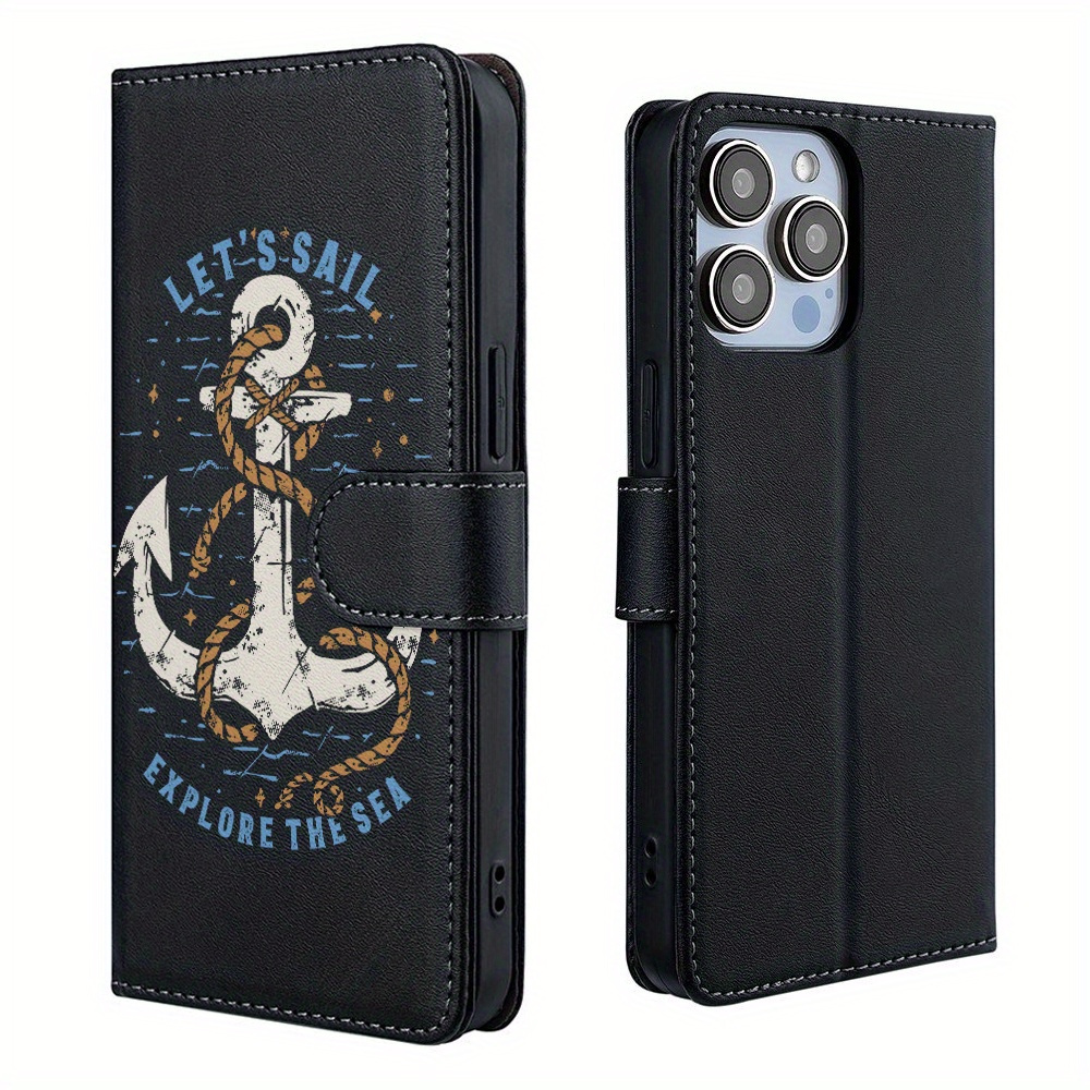 TEMU Phone Case: Christmas Gifts, Synthetic Leather Flip Phone Case With Card Slot, Featuring An Anchor With Rope And Nautical Text Pattern, Suitable