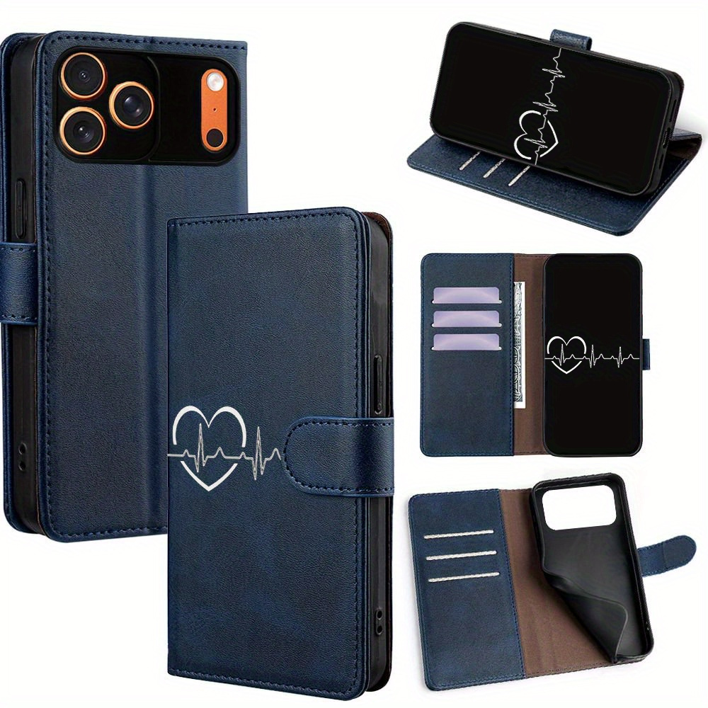TEMU Phone Case - Stocking Stuffers Heart And Heartbeat Line Pattern Faux Leather Wallet Flip Phone Case With Card Slot, Suitable For Iphone 17 Pro