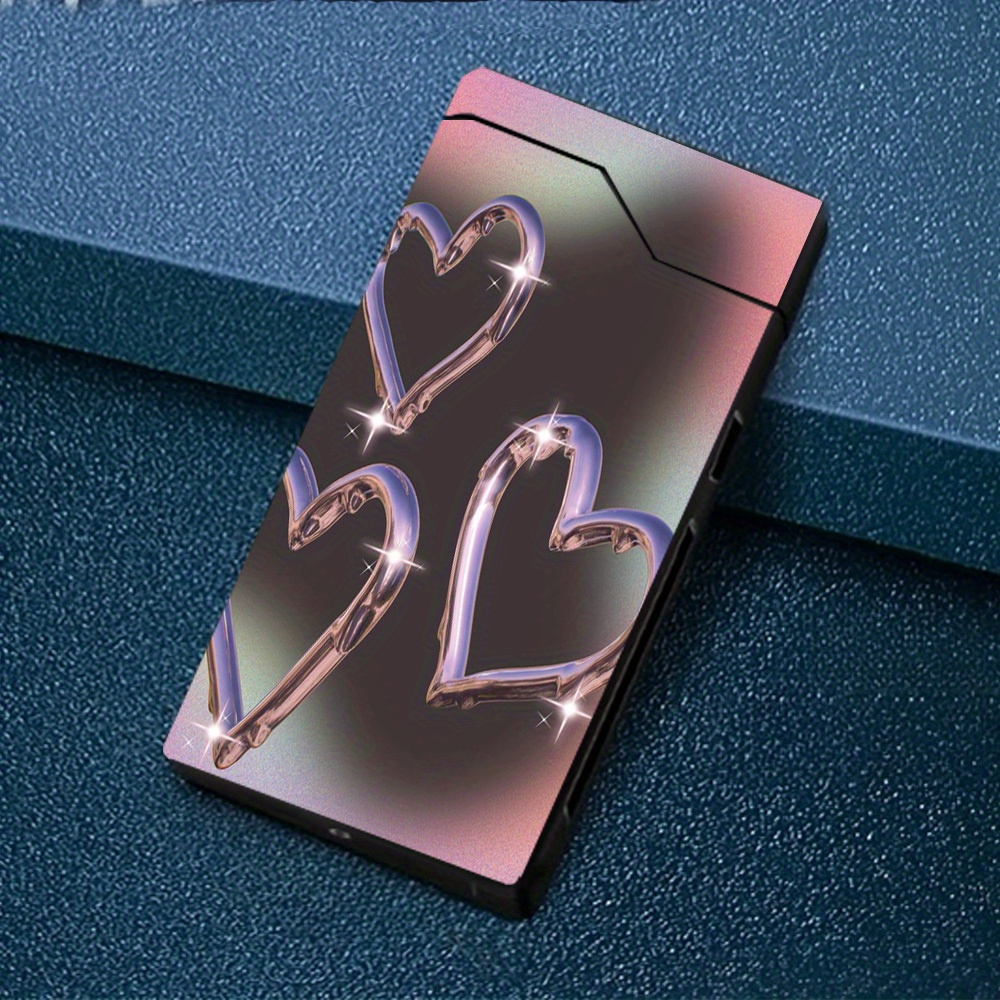 TEMU 1pc Windproof Electric With Heart-shaped Pattern, Windproof Lighter, Windproof Electric , Type-c Rechargeable Lighter, Metal Casing, Battery