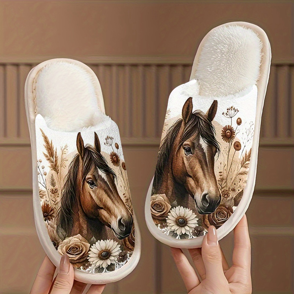 TEMU 1 Pair Of Unisex Winter Slippers Featuring A Horse-themed Design. Slip-on Slippers Have Soft, Noise-reducing Soles And Are Ideal For Dog Owners.