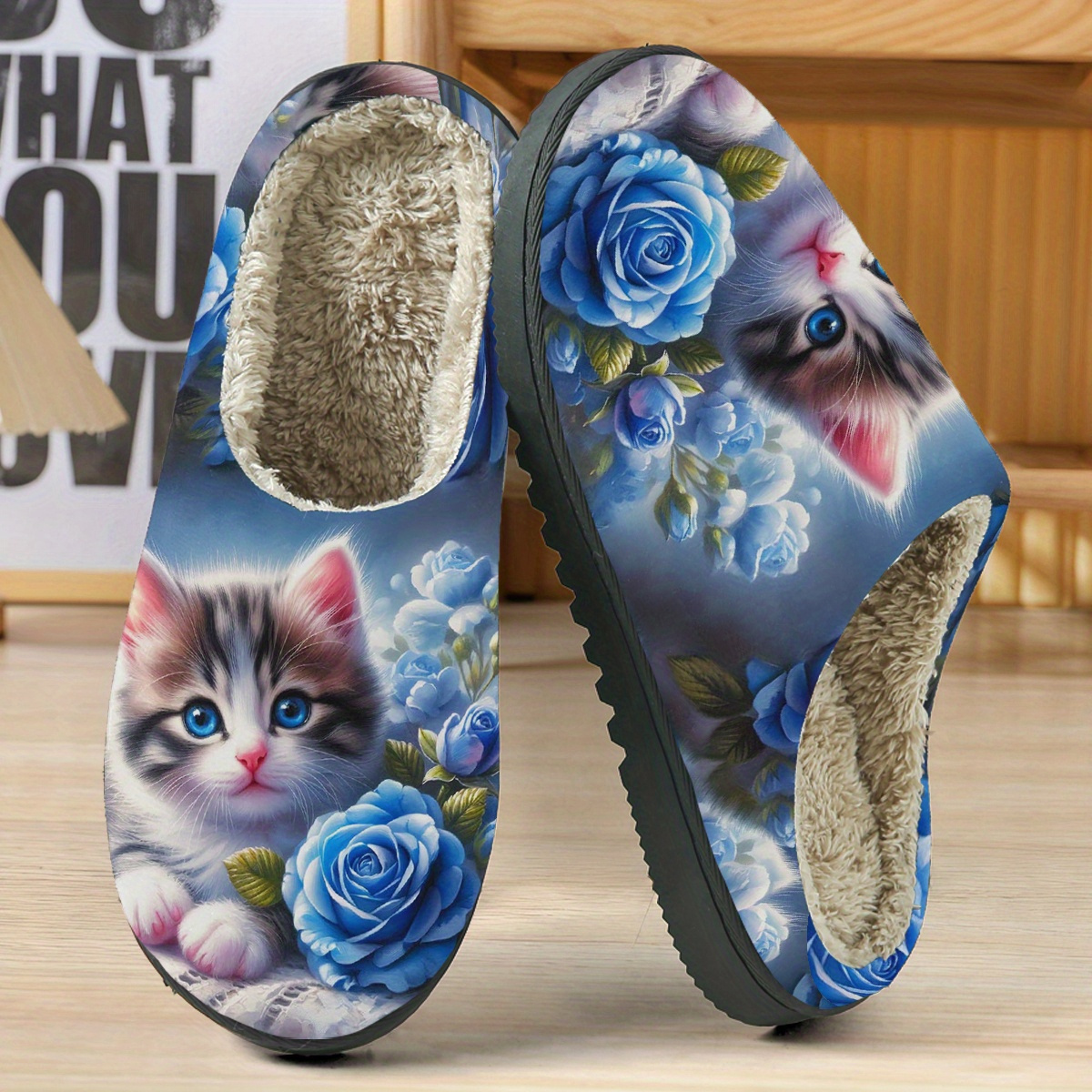 TEMU Of Slippers Featuring A Kitten And Blue , Cozy Slip-ons Are Made From Soft Fabric And Provide For Home Use. Have A Tpr Sole For And Are Designed