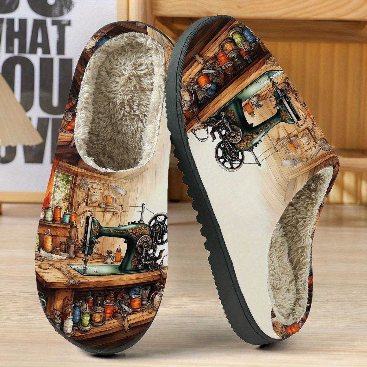 TEMU 1-pair Vintage Sewing Machine Slippers - Fabric Warm With Tpr Sole, Sewing-themed For Home (gift For Sewists), Women Shoes