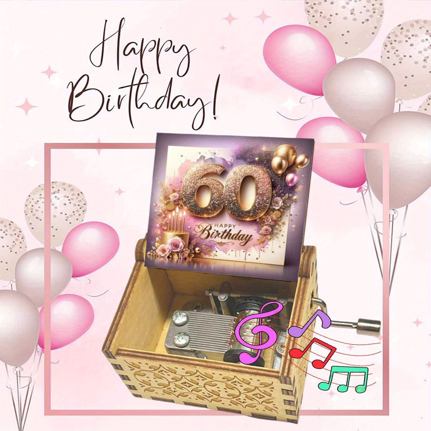 E-shop 1 Stück Vintage Holz-Handkurbel-Musikbox - Happy Birthday Motiv, Elegantes 60. Geburtstagsfeier-Muster, Geburtstagsgeschenk für Familie Freunde,