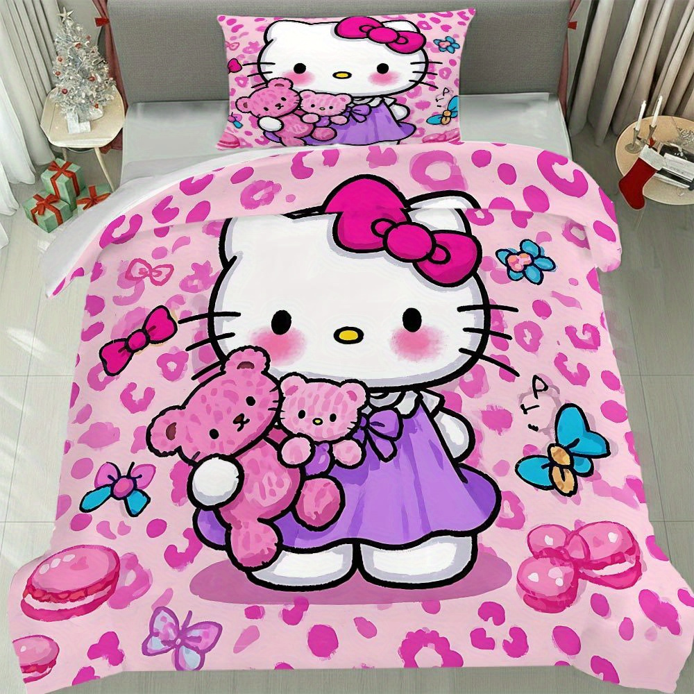 E-shop 2/3-teiliges süßes Hello Kitty Winter-Bettbezug-Set – Hello Kitty Bettwäsche-Set – Niedliches Bettbezug-Set – 1 Bettbezug + 1/2 Kissenbezüge –
