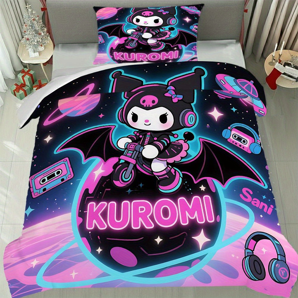 E-shop 2/3-teiliges Cartoon-Stil Dicke Winter-Bettbezug-Set Kuromi Bettwäsche-Set Bunte Trendige Bettbezug-Set 1 Bettbezug + 1/2 Kissenbezüge