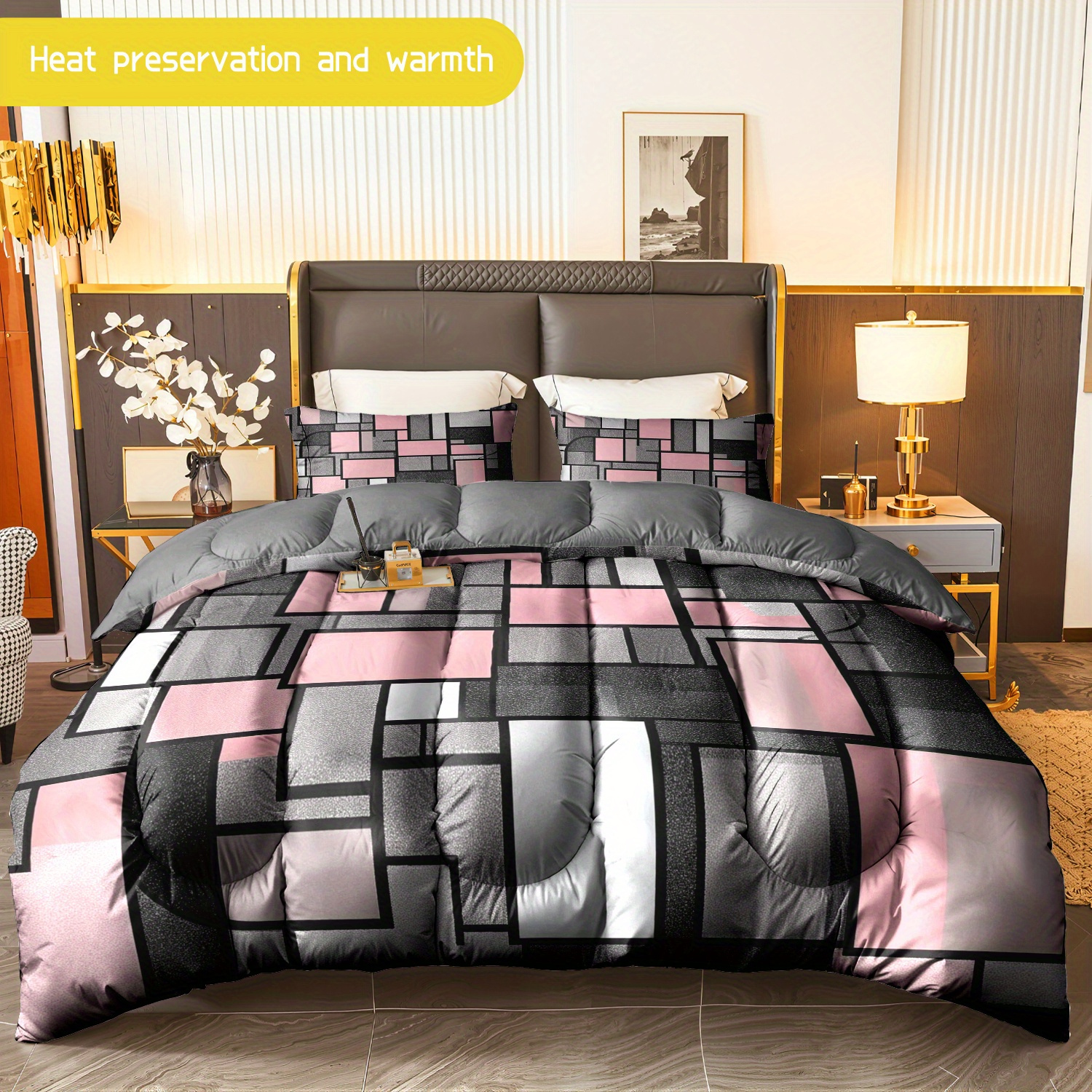 TEMU 3pcs (1 Comforter + 2 Pillowcases) Geometric Pattern Bedding Set, All - Season Soft Microfiber, Hypoallergenic & Wrinkle Resistant, Easy - Care,