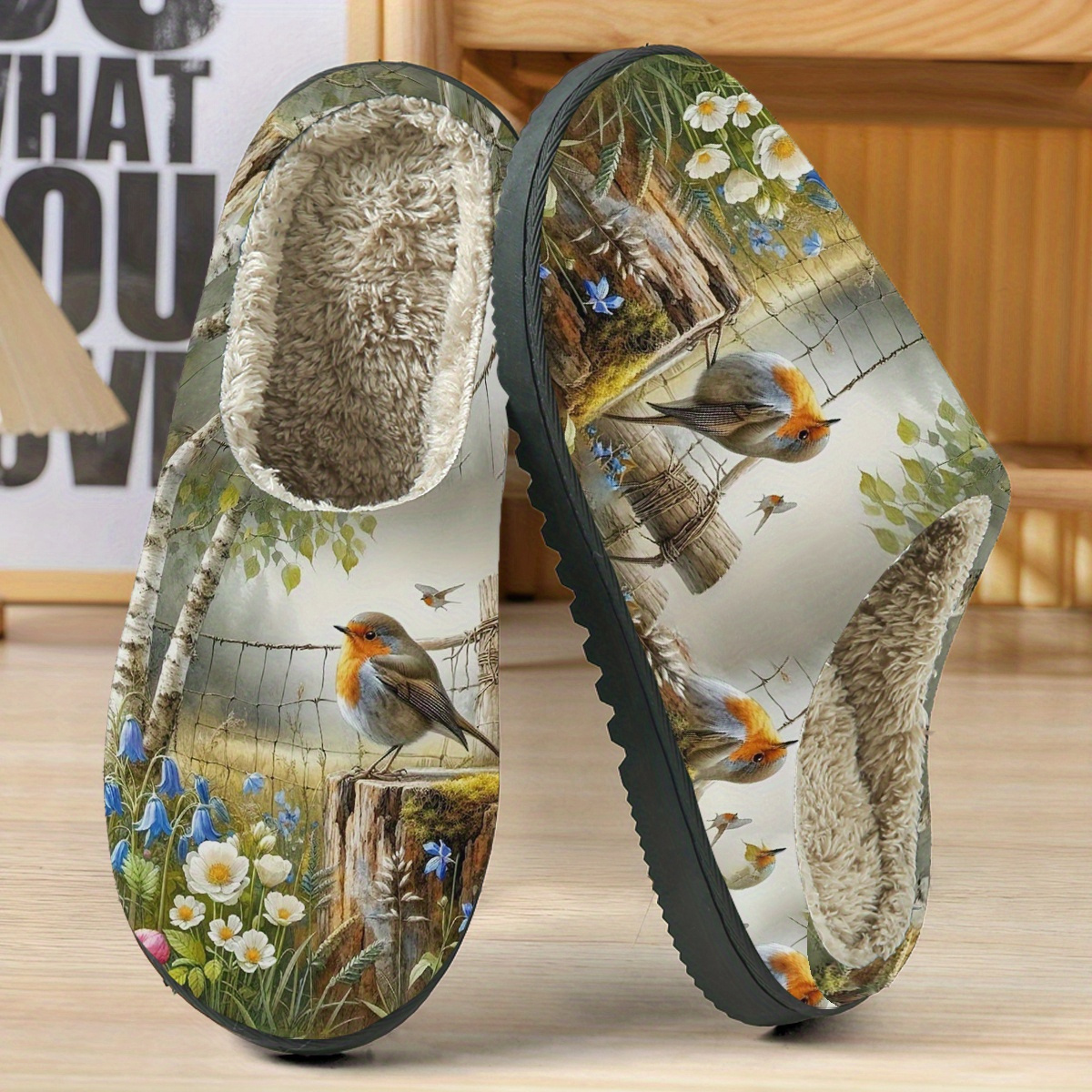 TEMU Of Woodland Robin Design Slippers, Comfortable Slip-ons Made From Soft Fabric, Warm For Home Use, Featuring A Tpr Sole For , Slippers With A