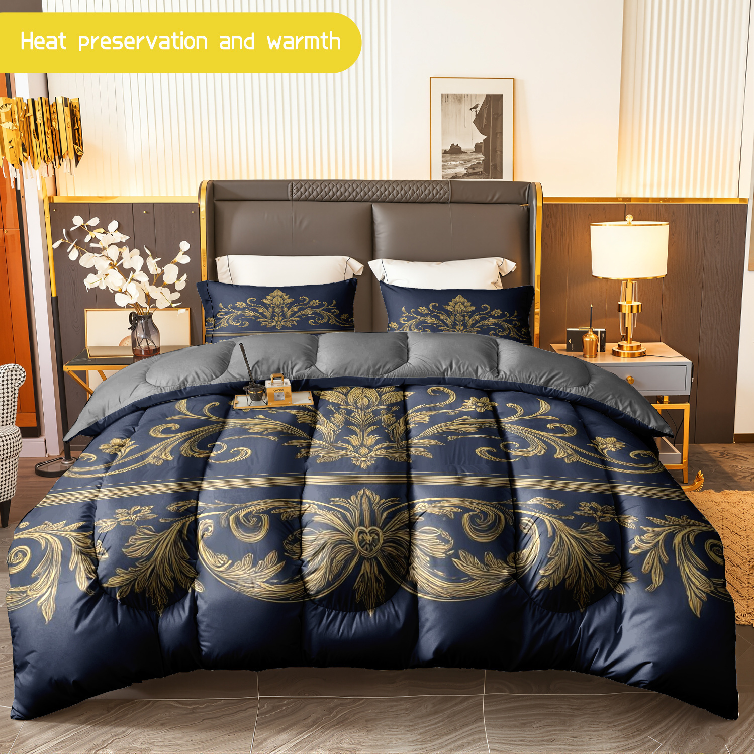 TEMU 3pcs (1 Comforter   2 Pillowcases) Luxury Bedding, All - Season Soft & Fluffy, Hypoallergenic, Wrinkle - Resistant, Navy With Golden Ornate
